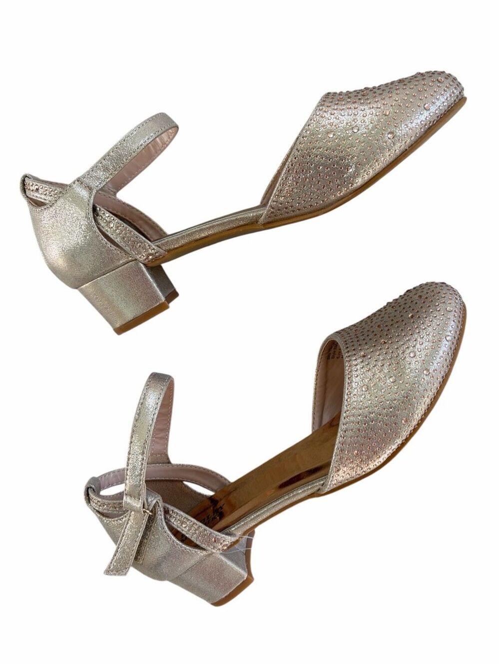 Badgley Mischka Girls Metallic Gold Block Heeled Dress Shoes Size 4 Rhinestone